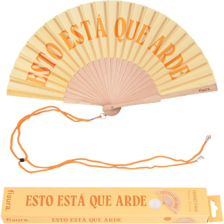 Fisura – Éventail en Bois Original avec Message “está Que arde”. Accessoire Moderne et coloré, Ventilateur à Main Jaune avec Cro