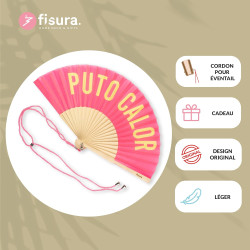 Fisura - Éventail original avec message en espagnol "p*to calor". Eventail en bois moderne et amusant. Eventail rose et jaune. D
