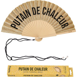 Fisura – Éventail en Bois avec Message « P*Tain de Chaleur », Design Paillettes dorées, Accessoire été Pliable avec dragonne, Ve