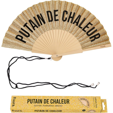 Fisura – Éventail en Bois avec Message « P*Tain de Chaleur », Design Paillettes dorées, Accessoire été Pliable avec dragonne, Ve