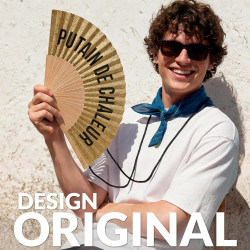 Fisura – Éventail en Bois avec Message « P*Tain de Chaleur », Design Paillettes dorées, Accessoire été Pliable avec dragonne, Ve