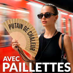 Fisura – Éventail en Bois avec Message « P*Tain de Chaleur », Design Paillettes dorées, Accessoire été Pliable avec dragonne, Ve