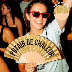 Fisura – Éventail en Bois avec Message « P*Tain de Chaleur », Design Paillettes dorées, Accessoire été Pliable avec dragonne, Ve