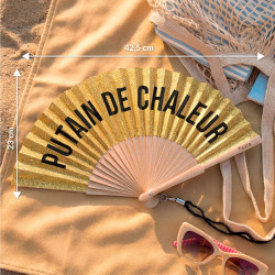 Fisura – Éventail en Bois avec Message « P*Tain de Chaleur », Design Paillettes dorées, Accessoire été Pliable avec dragonne, Ve