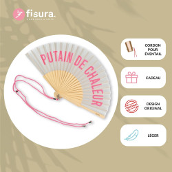 fisura. - Éventail original avec message en français p*tain de chaleur. Éventail moderne et amusant en bois. Éventail pliant gri