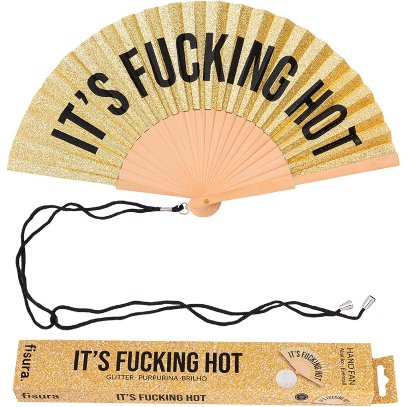 Fisura – Éventail en Bois Original avec Message “f*cking Hot”. Accessoire Moderne et Scintillant, Ventilateur de Poche doré à Pa