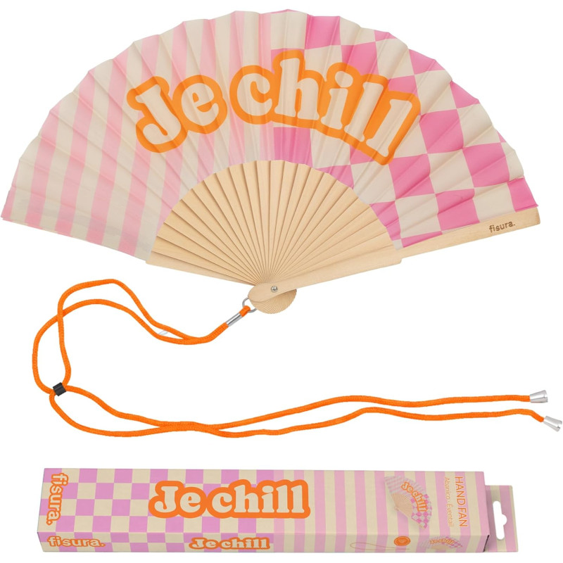 Fisura – Éventail Original avec Message “Je Chill”. Accessoire en Bois Moderne et coloré. Ventilateur à Main Rose. Dragonne Incl
