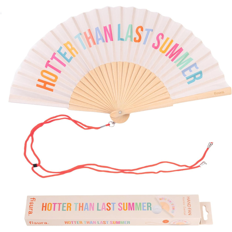 Fisura – éventail en bois moderne avec message “hotter than last summer”. ventilateur à main beige élégant et coloré, avec croch