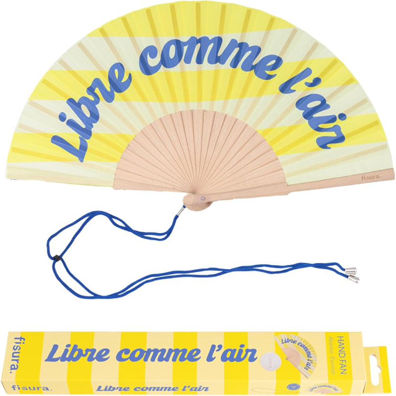 Fisura – Éventail en Bois au Design rayé Jaune avec Message “Libre comme l’air”. Accessoire Tendance et coloré, Ventilateur de P
