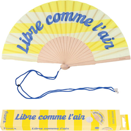 Fisura – Éventail en Bois au Design rayé Jaune avec Message “Libre comme l’air”. Accessoire Tendance et coloré, Ventilateur de P