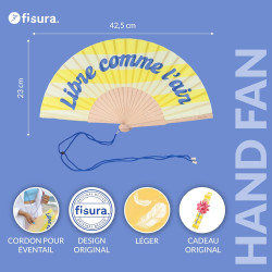 Fisura – Éventail en Bois au Design rayé Jaune avec Message “Libre comme l’air”. Accessoire Tendance et coloré, Ventilateur de P