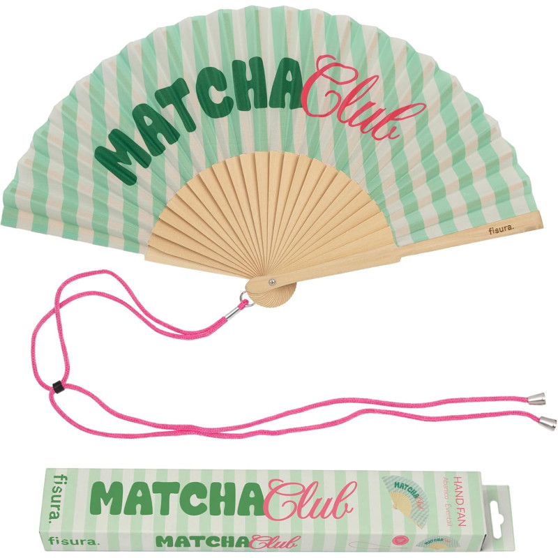 Fisura – Éventail en Bois « Matcha Club », éventail à Main Moderne Vert à Rayures, Accessoire été Tendance avec dragonne Incluse