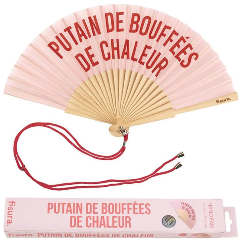Fisura - Éventail original rose avec message "P*tain de Bouffées". Éventail en bois moderne et amusant. Éventail rose. Dimension
