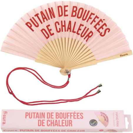 Fisura - Éventail original rose avec message "P*tain de Bouffées". Éventail en bois moderne et amusant. Éventail rose. Dimension