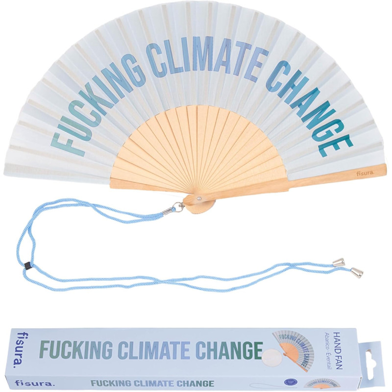 Fisura – Éventail en bois moderne avec message “fucking climate change”. Accessoire coloré et tendance, ventilateur de poche ble