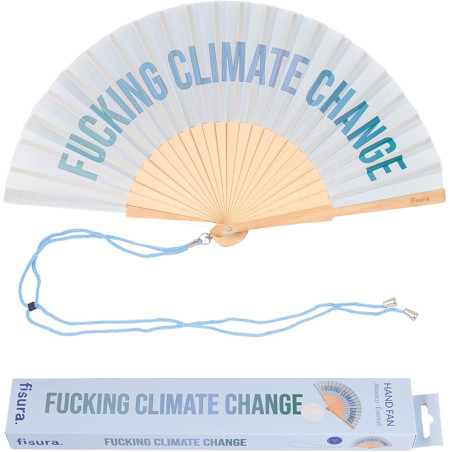 Fisura – Éventail en bois moderne avec message “fucking climate change”. Accessoire coloré et tendance, ventilateur de poche ble