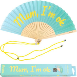 Fisura – Éventail original avec message “Mum, I'm ok”. Éventail en bois moderne et amusant. Éventail dégradé bleu et jaune. Éven