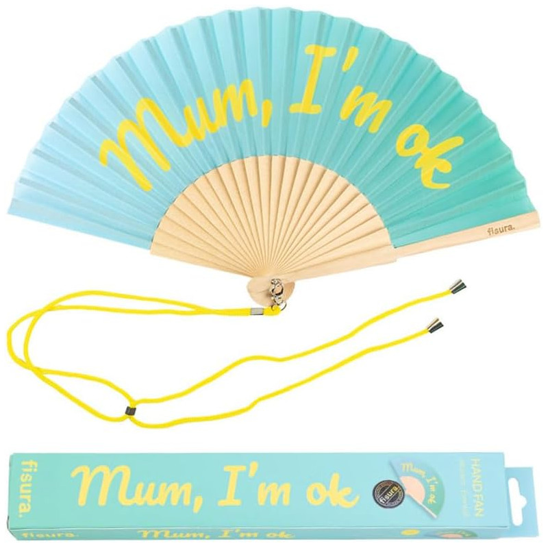 Fisura – Éventail original avec message “Mum, I'm ok”. Éventail en bois moderne et amusant. Éventail dégradé bleu et jaune. Éven