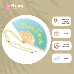 Fisura – Éventail original avec message “Mum, I'm ok”. Éventail en bois moderne et amusant. Éventail dégradé bleu et jaune. Éven