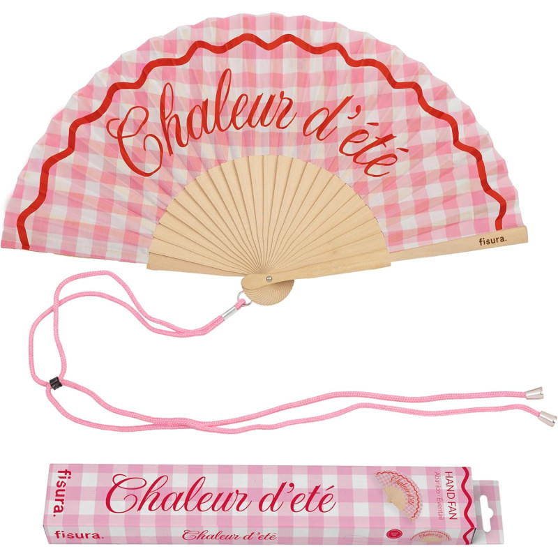 Fisura – Éventail Original avec Message “Chaleur d'été”. Accessoire en Bois Moderne et coloré. Ventilateur à Main à Carreaux Ros