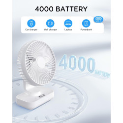 EasyAcc Ventilateur Silencieux Portable USB, Automatique 120° Oscillation°+ 90° Inclinaison, Batterie 4000mAh, 4 Vitesses, Détac