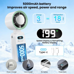 PTHTECHUS Ventilateur Portable,Ultra Rapide 10m/s,Rechargeable USB 5000mAh,1-199 Vitesses,Affichage LCD,Ventilateur de Poche ave