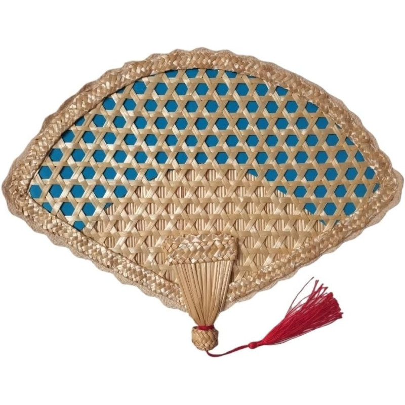Huffa éventails tissés à la main, grands éventails en paille de blé, éventails antiques à bords colorés à manivelle (color : sec