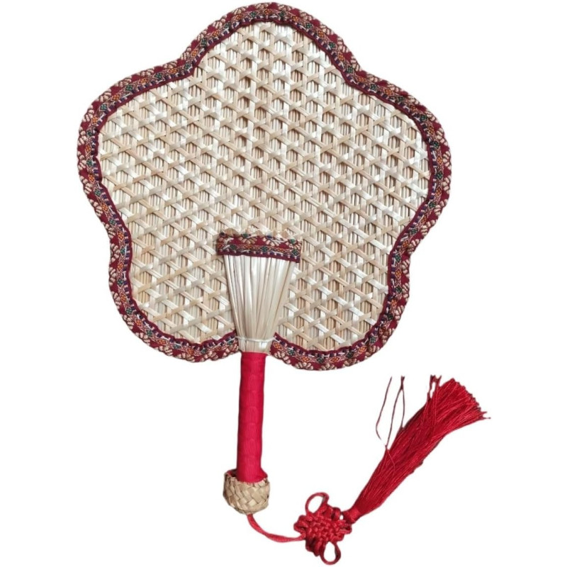 Huffa éventails tissés à la main, grands éventails en paille de blé, éventails antiques à bords colorés à manivelle (color : wov