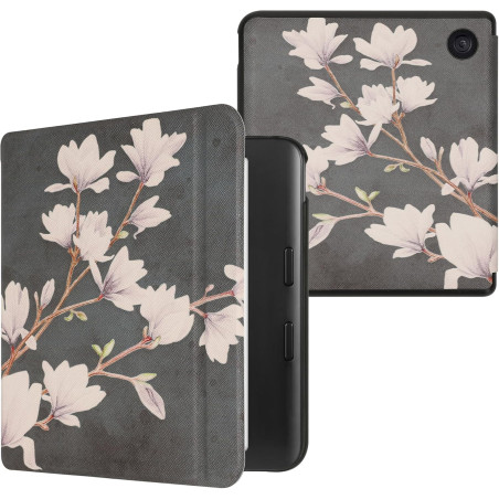 kwmobile Étui Compatible avec Kobo Libra Colour Coque - Étui à Rabat magnétique Tablette eReader Similicuir - Taupe-Blanc-Gris f