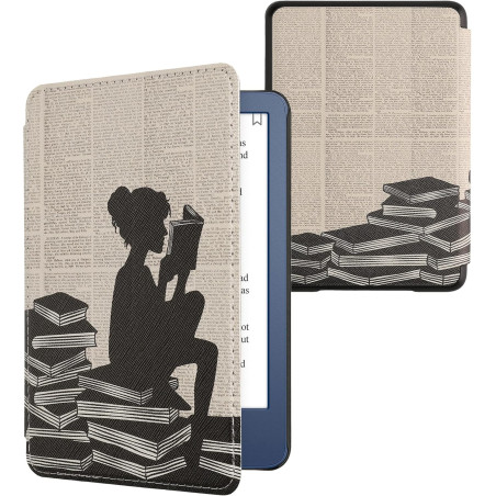 Kwmobile étui compatible avec amazon kindle (2022/2024) coque - étui à rabat magnétique tablette ereader similicuir - noir-beige