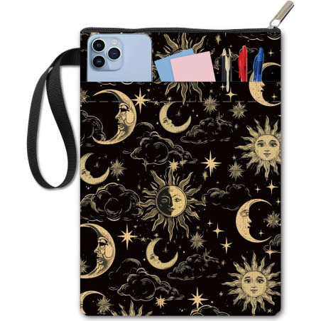craspire Protège Livres Lune Soleil Étoile Noir pour Livres de Poche Couverture Rigide Lavable en Tissu avec Fermeture Éclair et