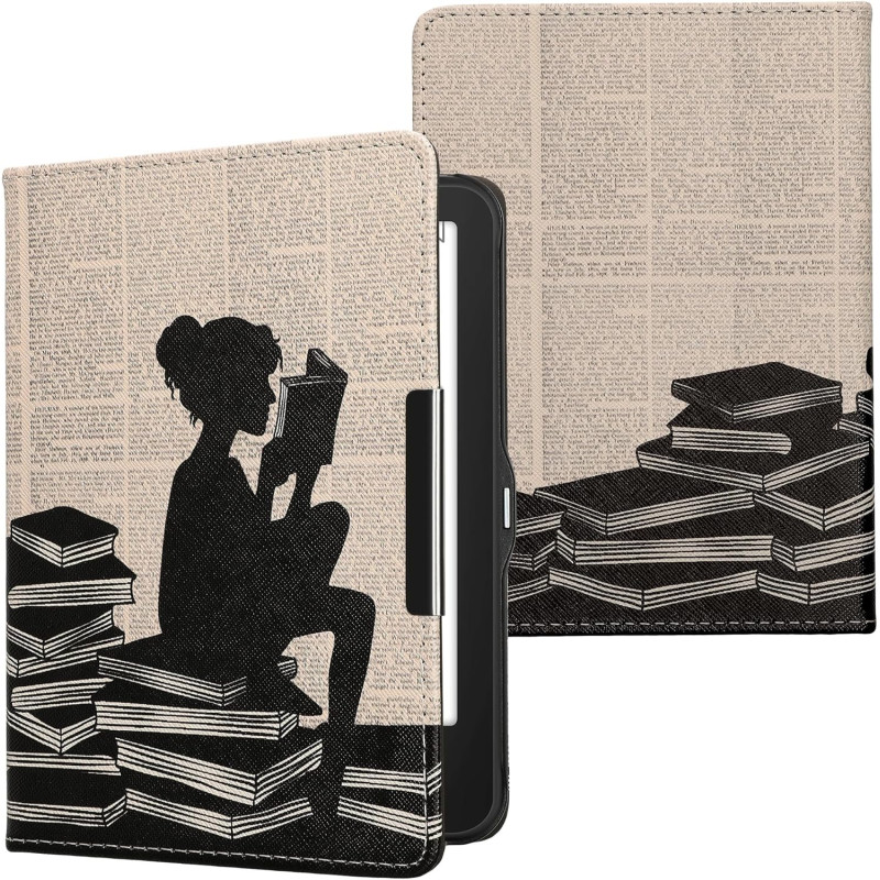 Kwmobile étui compatible avec tolino vision 1/2 / 3/4 hd coque - étui à rabat magnétique tablette ereader similicuir - noir-beig