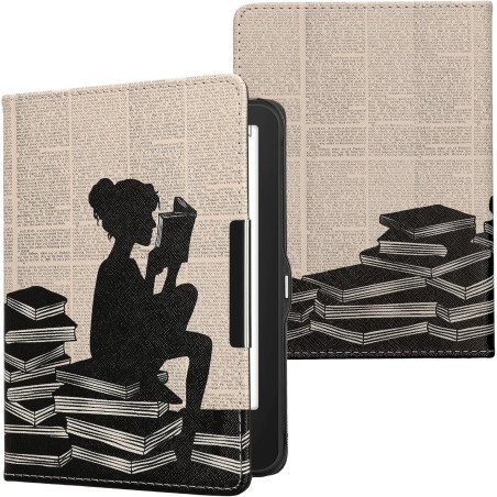 Kwmobile étui compatible avec tolino vision 1/2 / 3/4 hd coque - étui à rabat magnétique tablette ereader similicuir - noir-beig