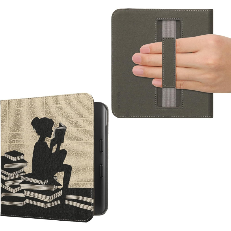 Kwmobile étui compatible avec kobo libra colour coque - étui à rabat magnétique tablette ereader similicuir avec sangle - noir-b
