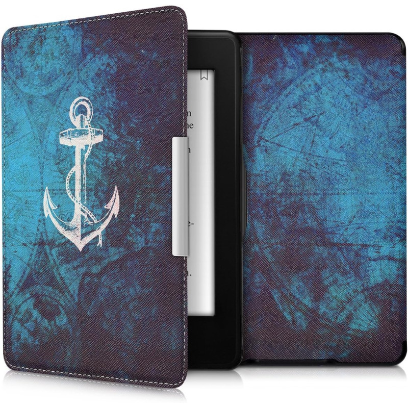 Kwmobile étui compatible avec amazon kindle paperblanc coque - étui à rabat magnétique tablette ereader similicuir - blanc-bleu
