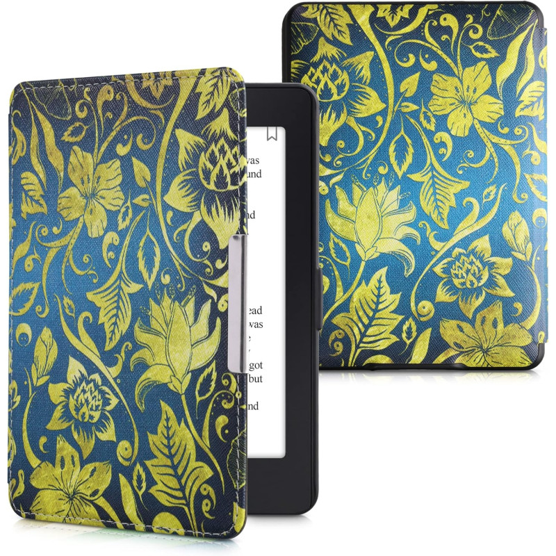 Kwmobile étui compatible avec amazon kindle paperblanc coque - étui à rabat magnétique tablette ereader similicuir - jaune-bleu-