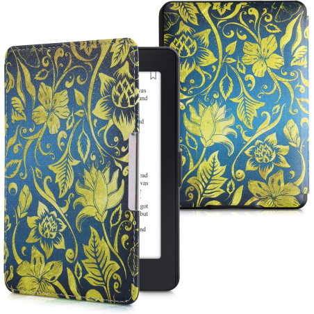 Kwmobile étui compatible avec amazon kindle paperblanc coque - étui à rabat magnétique tablette ereader similicuir - jaune-bleu-