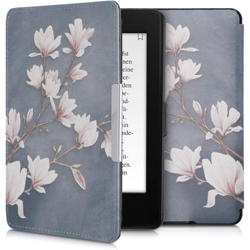 Kwmobile étui compatible avec amazon kindle paperblanc coque - étui à rabat magnétique tablette ereader similicuir - taupe-blanc