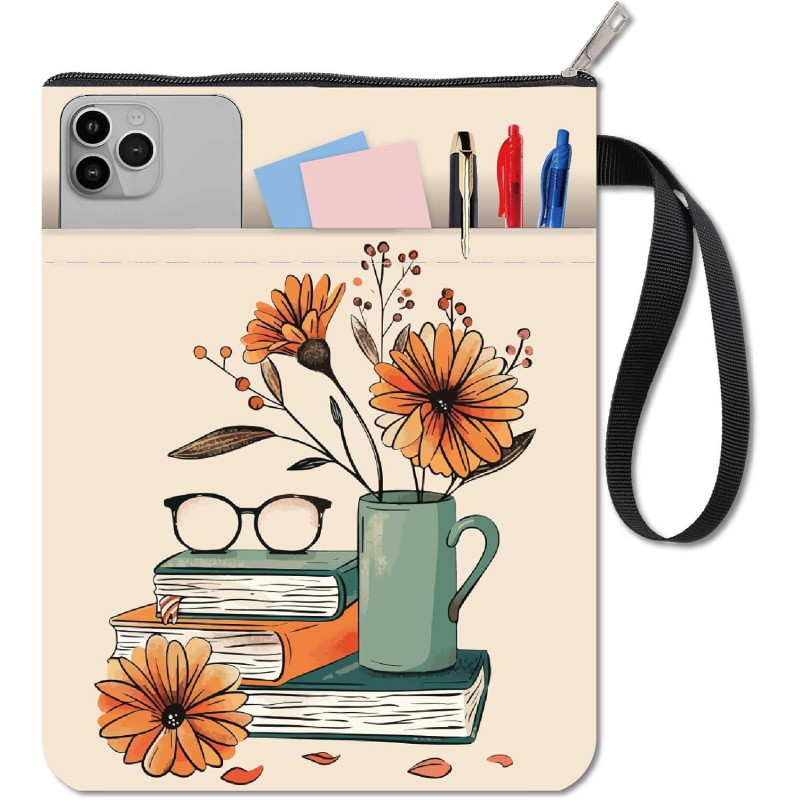 craspire Housse de Livre Florale avec Fermeture Éclair Protection de Livre en Forme de Vase à Fleurs Tissu Lavable avec Poche Su