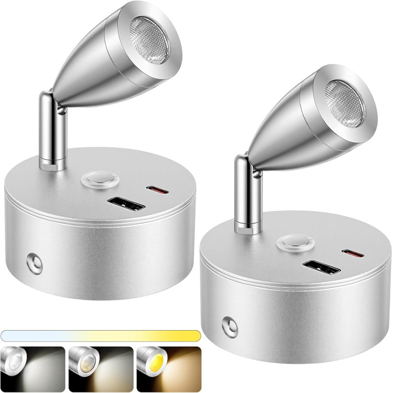 Spot LED Sans Fil Rechargeable,2PCS Lampes de Lectures Spot LED avec 3 Températures de Couleur,Variateur Tactile,12V Lampes Camp