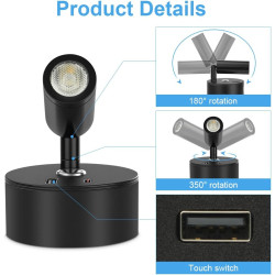 Spot LED Sans Fil Rechargeable,1PCS Lampes de Lectures Spot LED avec 3 Températures de Couleur,Variateur Tactile,12V Lampes Camp