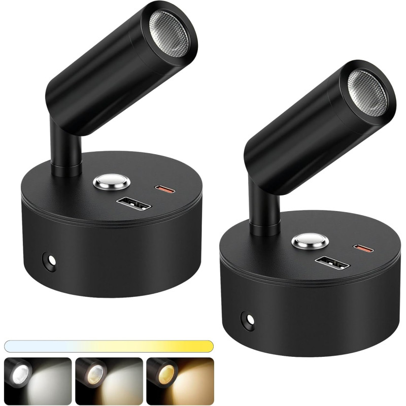 Spot LED Sans Fil Rechargeable,2PCS Lampes de Lectures Spot LED avec 3 Températures de Couleur,Variateur Tactile,12V Lampes Camp