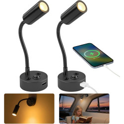 Spot LED sans Fil Rechargeable,2PCS Lampes de Lectures Spot LED,12V Blanc Chaud Camping Car Col de Cygne avec Chargeur USB pour 