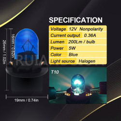 Ruiandsion Lot de 2 ampoules halogènes T10 194 168 bleues 12 V non polarisées 200 lm pour éclairage intérieur de voiture, lampe 