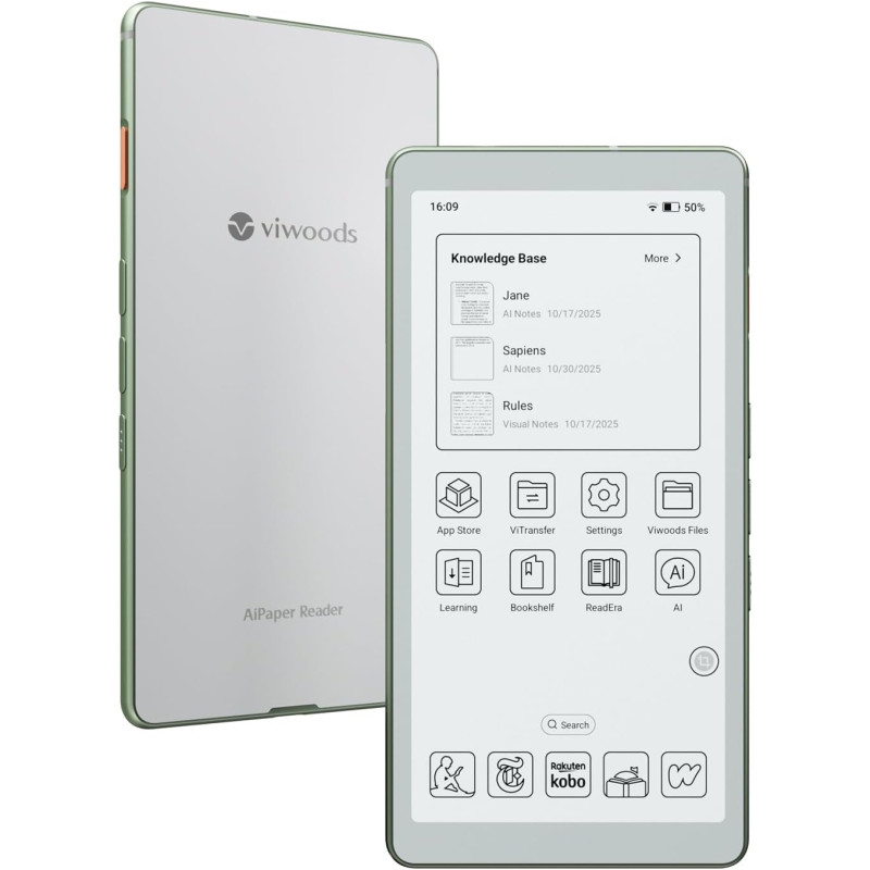 VIWOODS 6,13’’ Carta 1300 AiPaper Reader avec connectivité 4G, liseuse E Ink Ultra-Fine et légère, intégration IA, 300 PPI, lumi