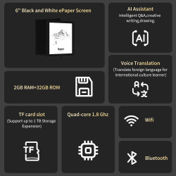 Bigme liseuse électronique, écran e-ink de 15,24 cm, 10 outils de lecture, quad-core 1,8 ghz, wi-fi, bleutooth, extension de mém