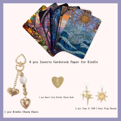 Kit accessoires kindle paperblanc – 6 cartes décoratives inserts pour liseuse paperblanc 11/12, avec charms usb-c bouchon anti-p