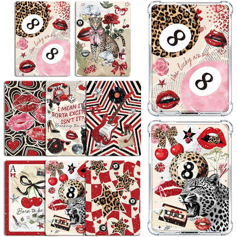 8 cartes décoratives y2k pour kindle paperblanc – inserts papier esthétiques léopard & rétro, compatibles liseuse kindle paperbl