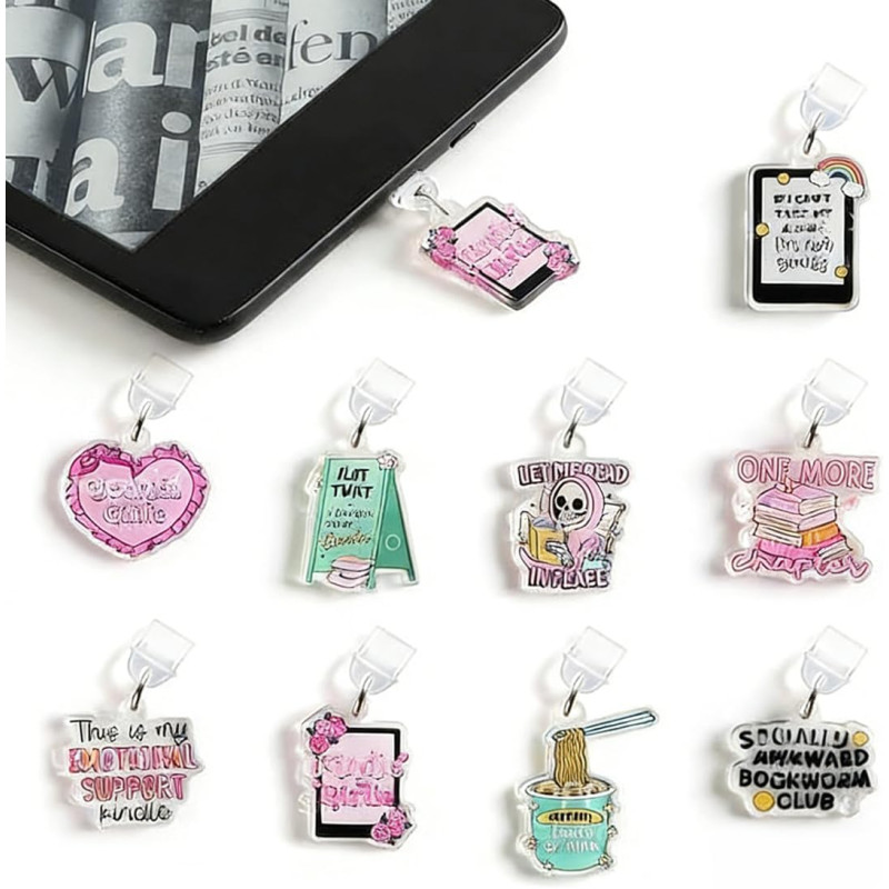 Set de 9 Bouchons Anti-Poussière pour kindle & E-Reader, Protège-Bornes USB-C & Pendentifs de Lecture, Cadeau de Fête | Accessoi