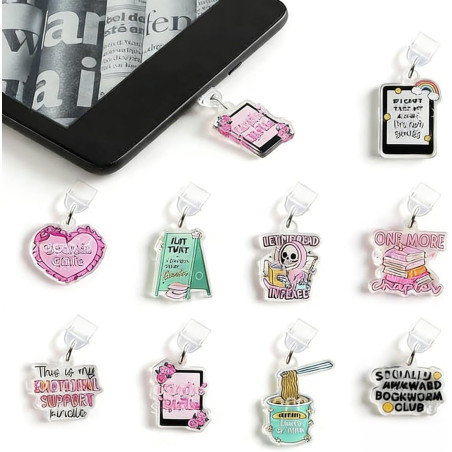 Set de 9 Bouchons Anti-Poussière pour kindle & E-Reader, Protège-Bornes USB-C & Pendentifs de Lecture, Cadeau de Fête | Accessoi